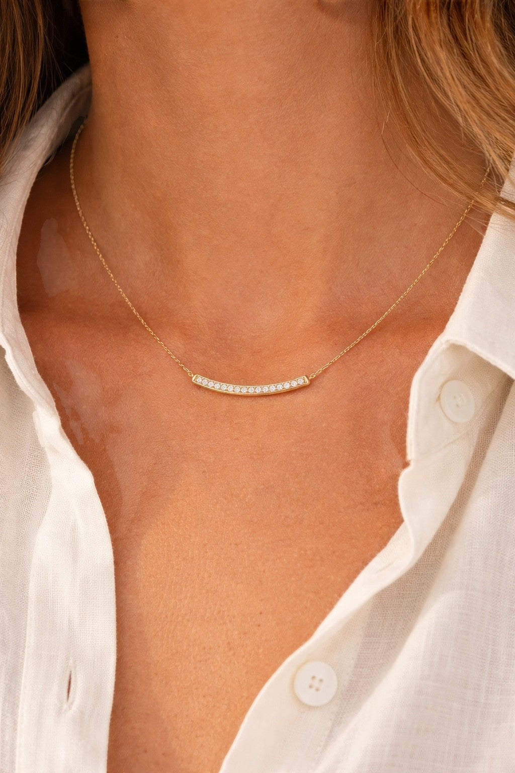 Vikchi Astra Mira necklace in 14kt yellow gold with a curved pavé diamond bar design, 0.75ctw lab-grown diamonds.