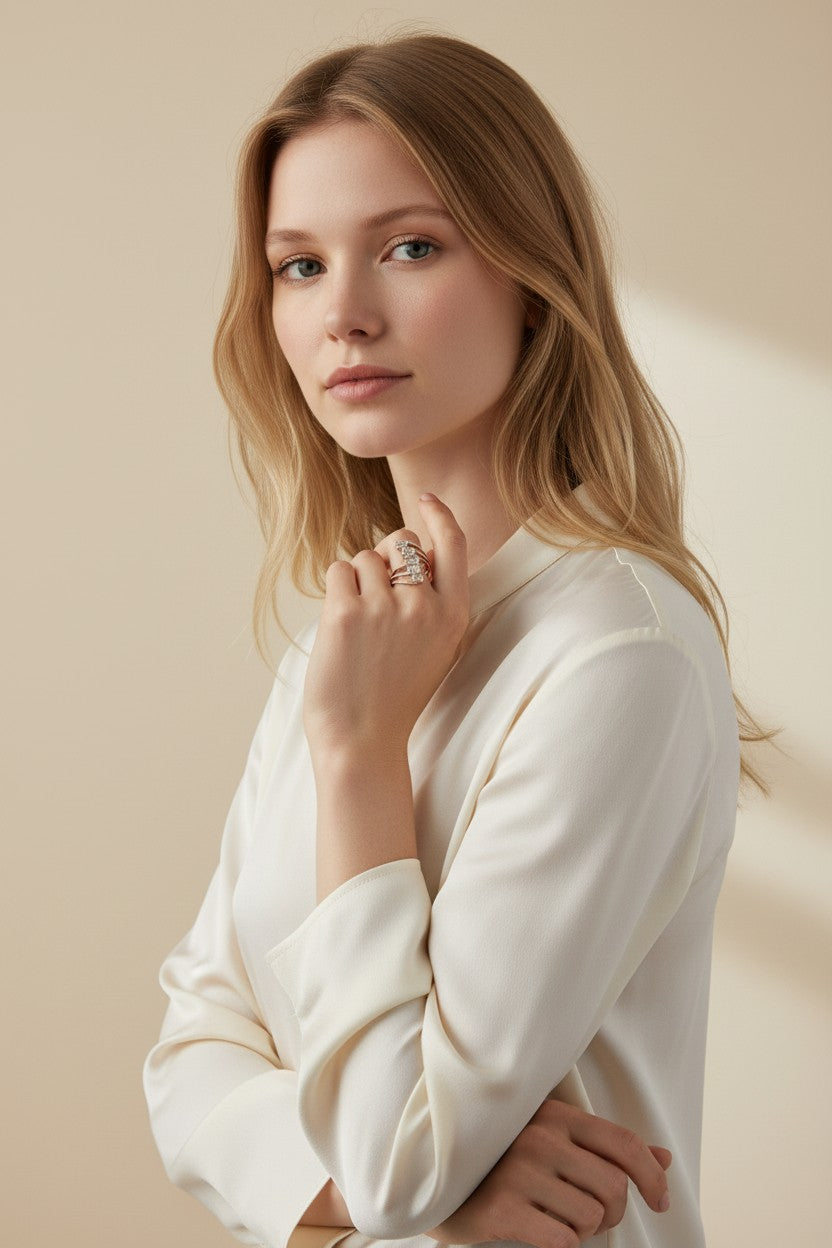Vikchi Astra Cascade Ring in rose gold with baguette and round diamonds on pavé bands. Modern elegance.